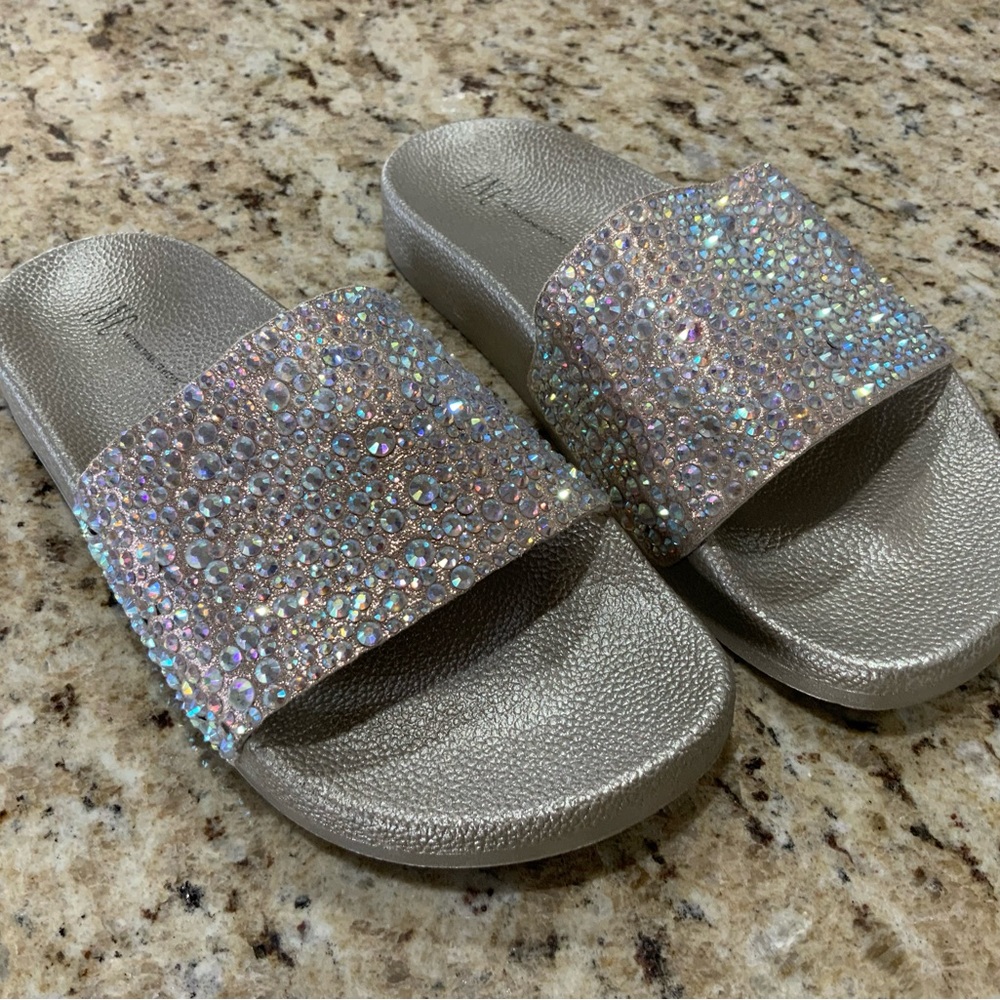 INC International Concepts Silver with Rhinestones Slide Sandals Sz 7M
